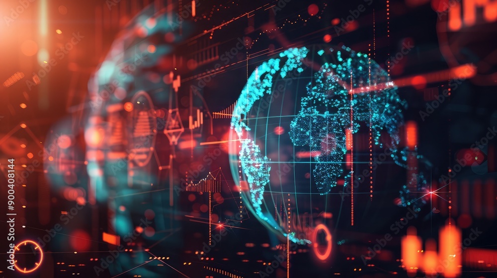 3D globe with financial symbols and digital connections, representing global finance. 3D globe with financial symbols and digital connections, representing global finance.