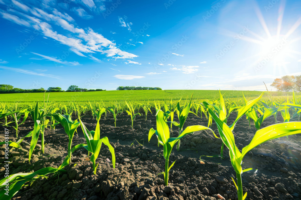A field of young corn plants basking in the sunlight under a bright blue sky A field of young corn plants basking in the sunlight under a bright blue sky