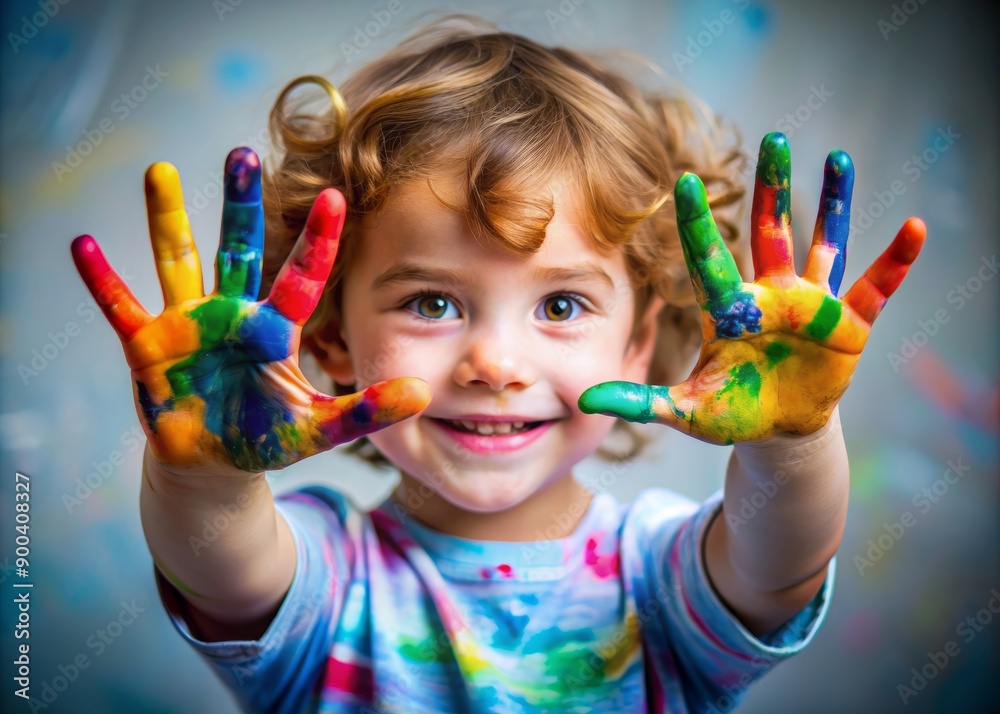 Vibrant childhood wonder captured in a studio portrait of tiny hands painted with colorful stains, symbolizing creativity and imagination in early learning. Vibrant childhood wonder captured in a studio portrait of tiny hands painted with colorful stains, symbolizing creativity and imagination in early learning.