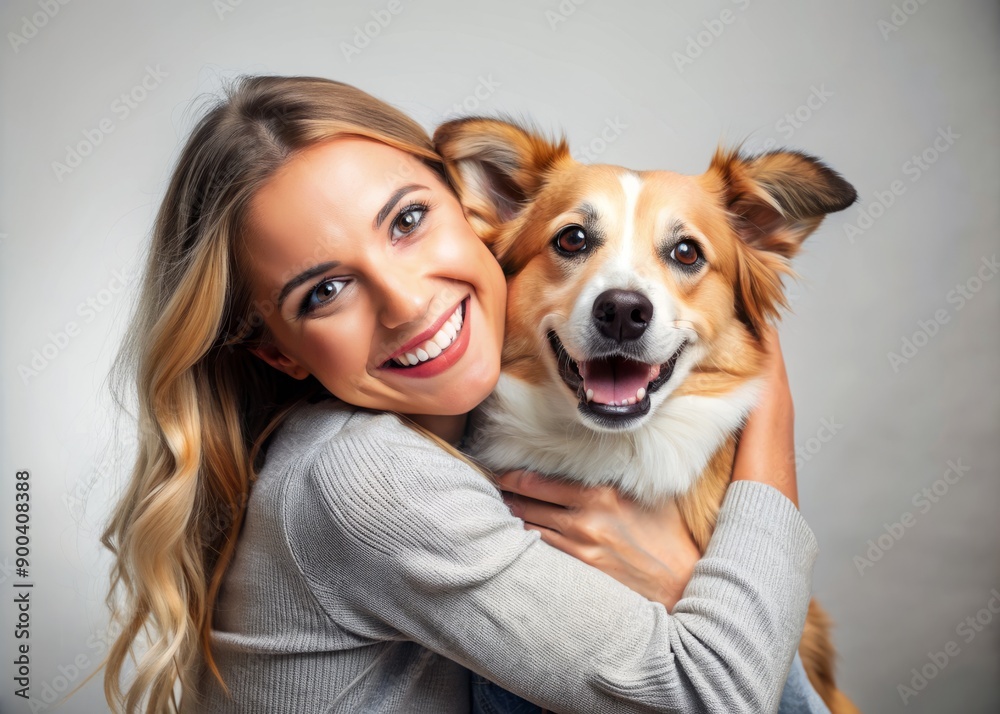 Portrait of beautiful women hugging cute dog with smile and hppiness isolated on background, lovely moment of pet and owner. Portrait of beautiful women hugging cute dog with smile and hppiness isolated on background, lovely moment of pet and owner.