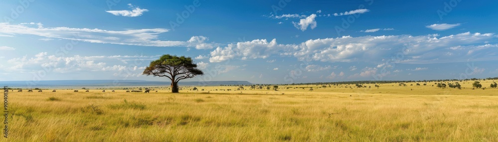 A serene landscape showcasing vast golden grasslands under a bright blue sky with scattered clouds and a solitary tree. A serene landscape showcasing vast golden grasslands under a bright blue sky with scattered clouds and a solitary tree.