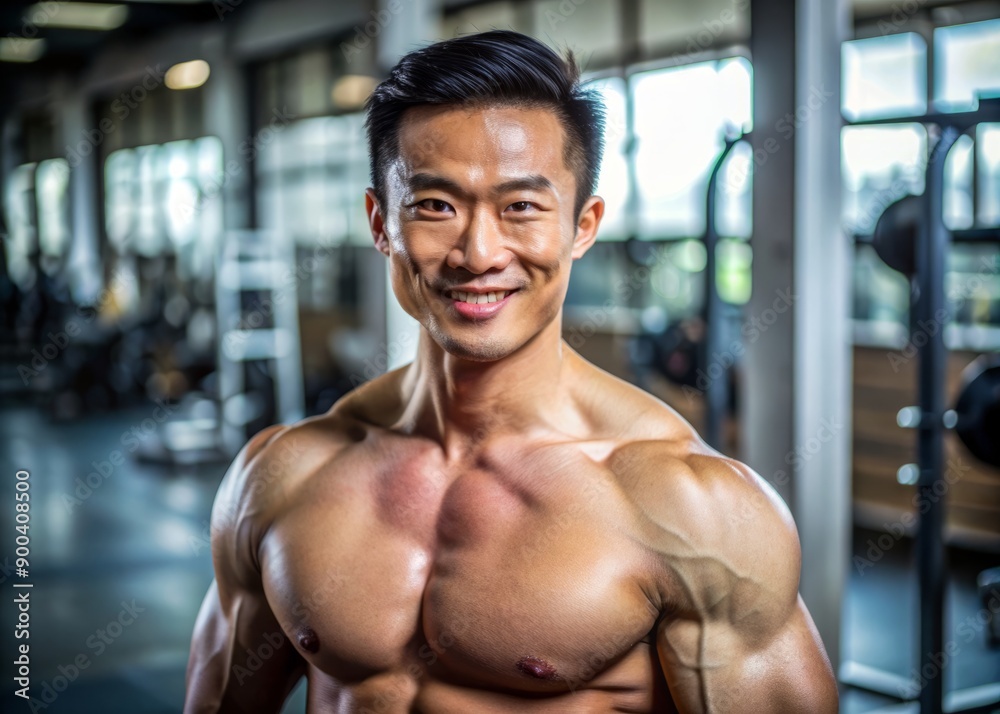 Muscular asian man in sportswear, fitness trainer smiling and looking at the camera on the background of the gym. The concept of a healthy lifestyle and sports. Muscular asian man in sportswear, fitness trainer smiling and looking at the camera on the background of the gym. The concept of a healthy lifestyle and sports.