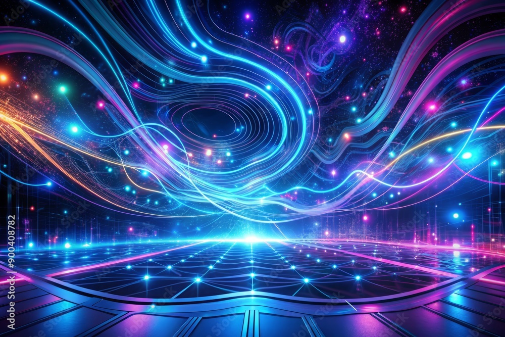 Vibrant swirls of blue and purple lights dance across a dark background, with glowing circuits and futuristic patterns creating an immersive digital atmosphere. Vibrant swirls of blue and purple lights dance across a dark background, with glowing circuits and futuristic patterns creating an immersive digital atmosphere.