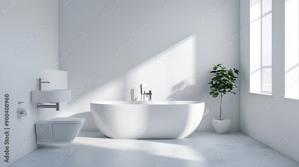 Minimalistic bathroom with white bath,White tub and beautiful plants in bathroom, Interior design,Bathing interior with white bathtub on wooden floor and heated towel rail, Panoramic window with city Minimalistic bathroom with white bath,White tub and beautiful plants in bathroom, Interior design,Bathing interior with white bathtub on wooden floor and heated towel rail, Panoramic window with city