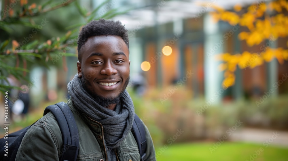 A young Black male student smiles warmly while surrounded by autumn foliage A young Black male student smiles warmly while surrounded by autumn foliage