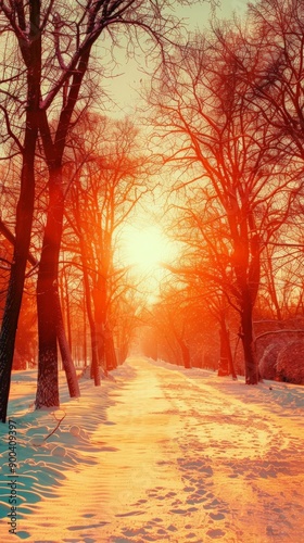 A mesmerizing winter sunrise paints the snowy landscape in warm hues