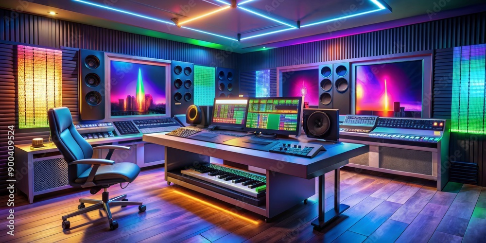 Colorful modern digital studio background with creative design elements, illustration tools, and music production equipment surrounded by sleek computer monitors and software interfaces. Colorful modern digital studio background with creative design elements, illustration tools, and music production equipment surrounded by sleek computer monitors and software interfaces.