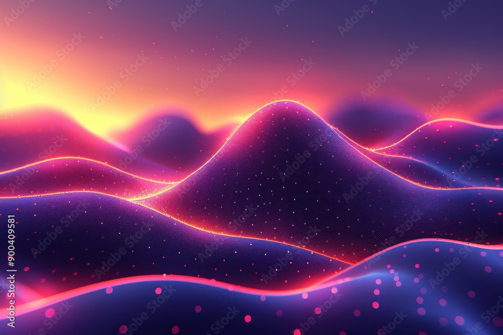 A digital landscape with glowing hills and stars A digital landscape with glowing hills and stars