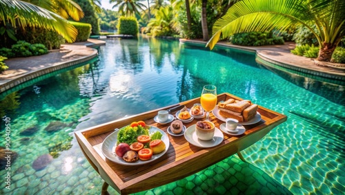 Sumptuous breakfast floats on calm turquoise pool water amidst lush tropical greenery, surrounded by luxury resort amenities, exuding serene relaxation and indulgent leisure.