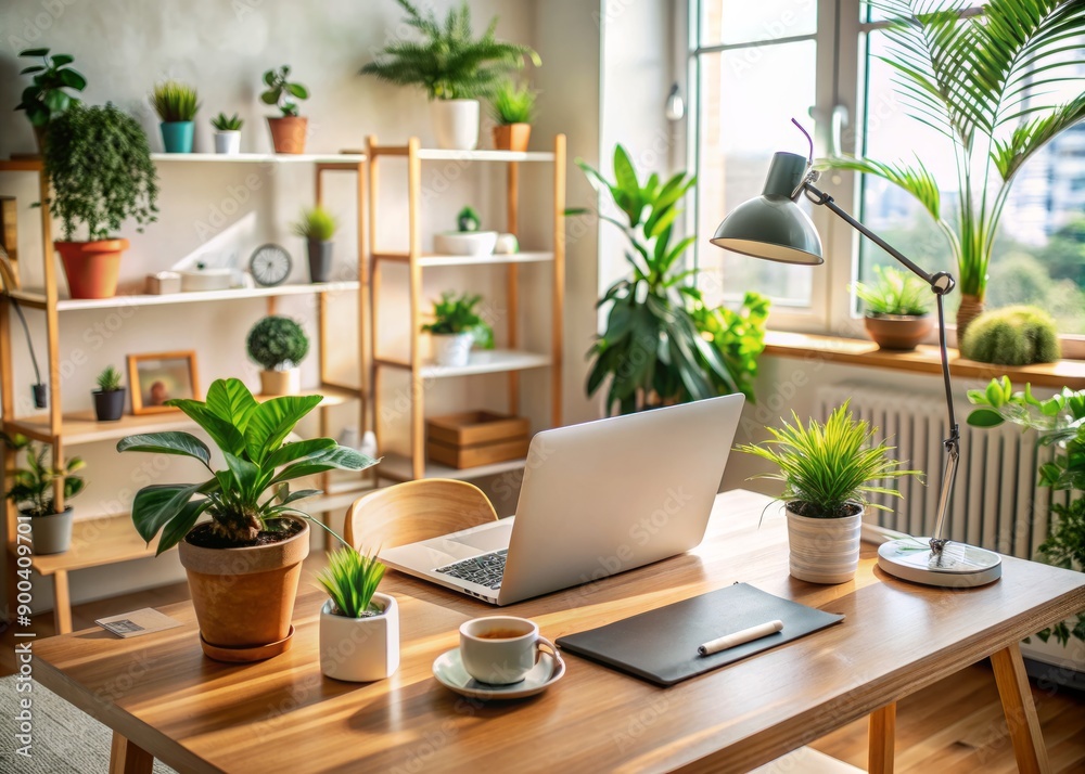 A tidy and organized home office workspace with a laptop, papers, and plants, evoking a sense of productivity, comfort, and serene remote work atmosphere. A tidy and organized home office workspace with a laptop, papers, and plants, evoking a sense of productivity, comfort, and serene remote work atmosphere.