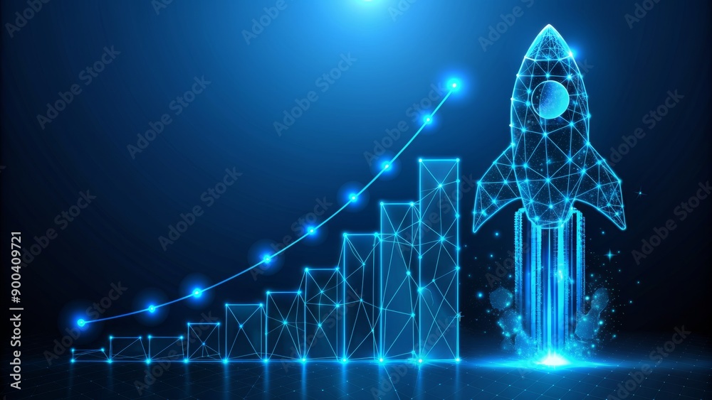 Abstract growth graph chart with launch rocket on technology blue ...