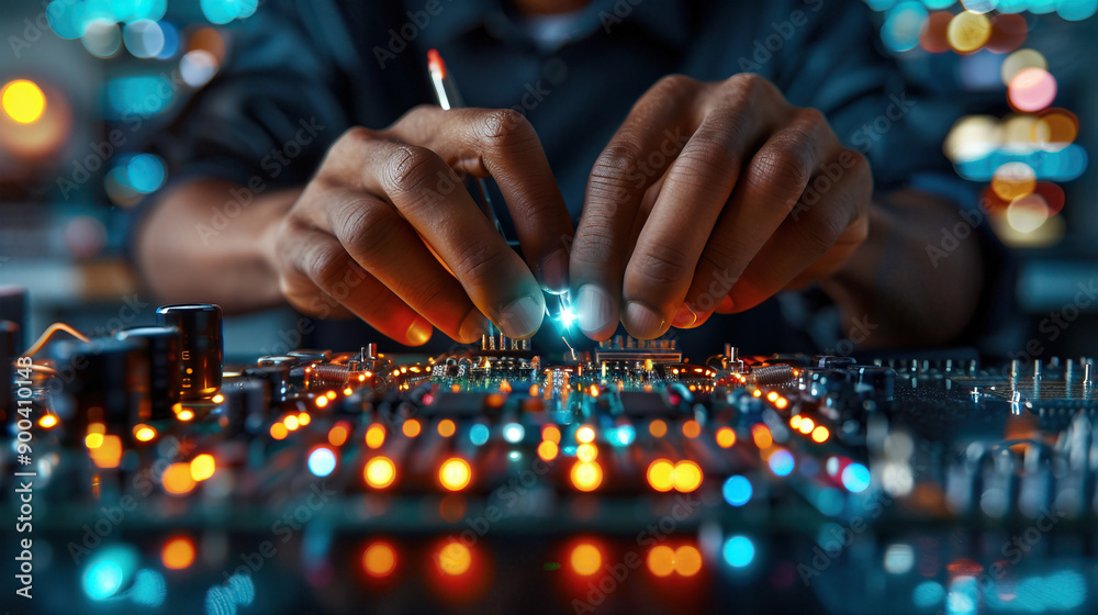 Close-up of hands working on a circuit board, highlighting intricate details and vibrant lights in a tech environment. Close-up of hands working on a circuit board, highlighting intricate details and vibrant lights in a tech environment.