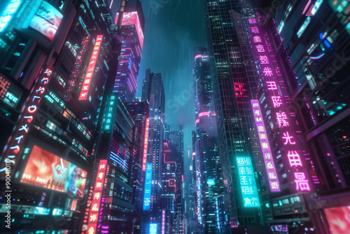 A futuristic cityscape with neon signs illuminating the tall buildings at night