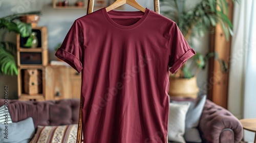 A blank maroon shirt on a wooden ladder, boho-chic living room background