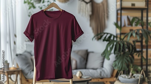 A blank maroon shirt on a wooden ladder, boho-chic living room background