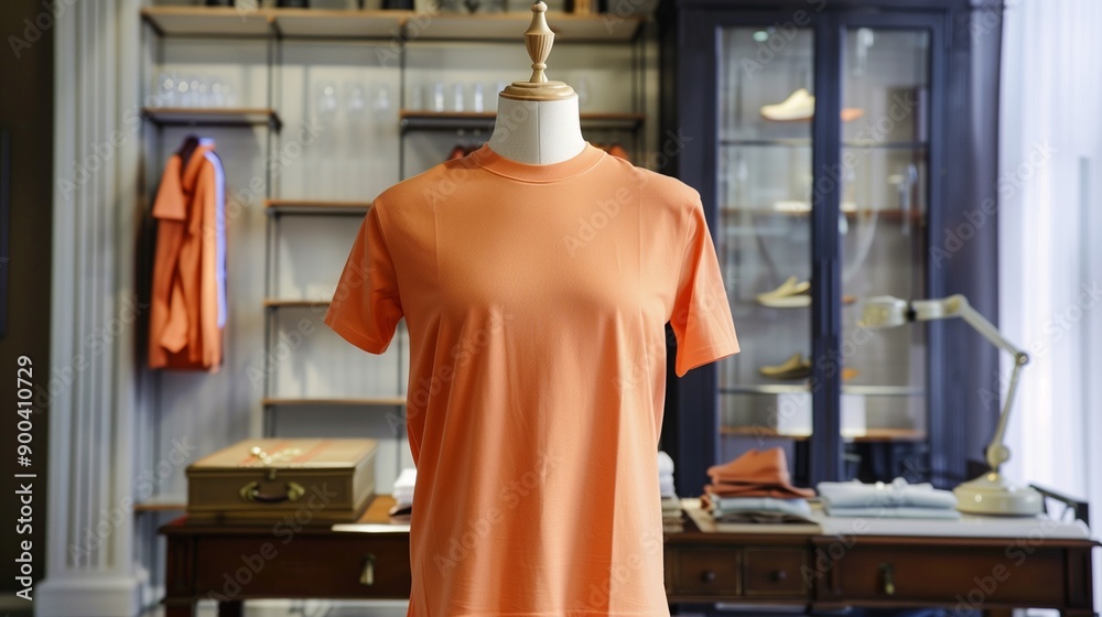 A blank orange shirt on a mannequin with a designer showroom backdrop A blank orange shirt on a mannequin with a designer showroom backdrop