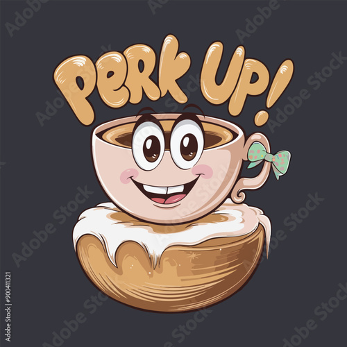 Cheerful Cartoon Coffee Cup Illustration with Text Perk Up! - Fun and Energetic Coffee-Themed Design