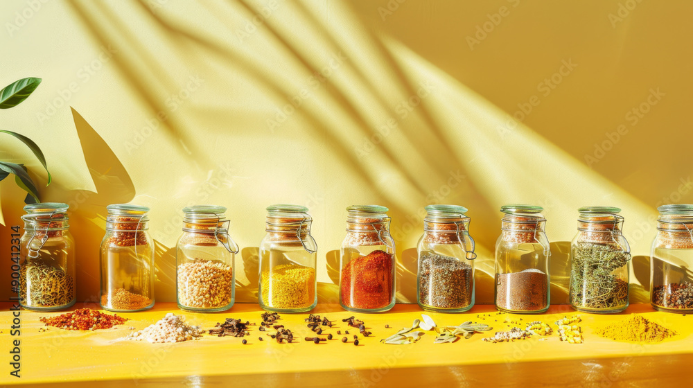 A bright, sunny kitchen counter showcases an array of spices in clear jars, with some poured out in front each, against a cheerful sunflower-colored wall. A bright, sunny kitchen counter showcases an array of spices in clear jars, with some poured out in front each, against a cheerful sunflower-colored wall.
