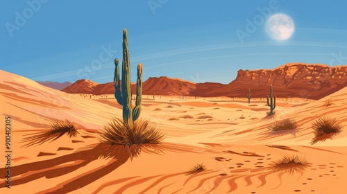 A desert background with rolling sand dunes, cacti, and a clear blue sky. The scene is hot and arid, with the sun casting long shadows on the sand, creating a stark yet beautiful landscape photo