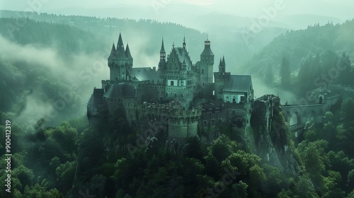 A medieval castle background perched on a hilltop, surrounded by a dense forest. The castle is grand and imposing, with tall towers and a drawbridge, evoking a sense of history and fantasy