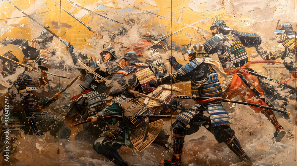 Fierce samurai warriors in traditional armor fight in an intense and ...