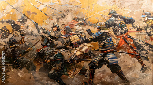 Fierce samurai warriors in traditional armor fight in an intense and dramatic battle scene.