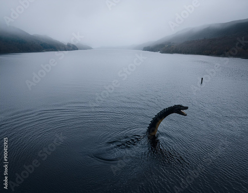 Cryptozoology Mystery Loch Ness Monster Nessie Sighting in Foggy Remote Lake