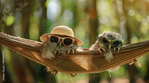 Two baby owl on hammock, bird on branch. AI generated illustration photo