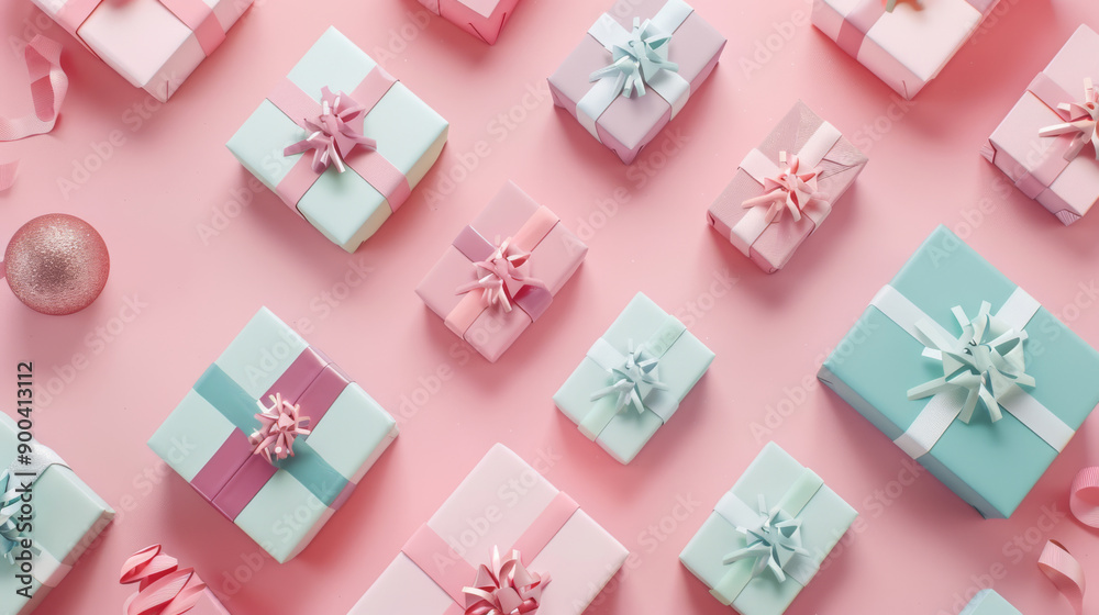 Neatly aligned pastel-colored gift boxes with delicate bows atop a pink background, creating a harmonious and cheerful presentation. Neatly aligned pastel-colored gift boxes with delicate bows atop a pink background, creating a harmonious and cheerful presentation.