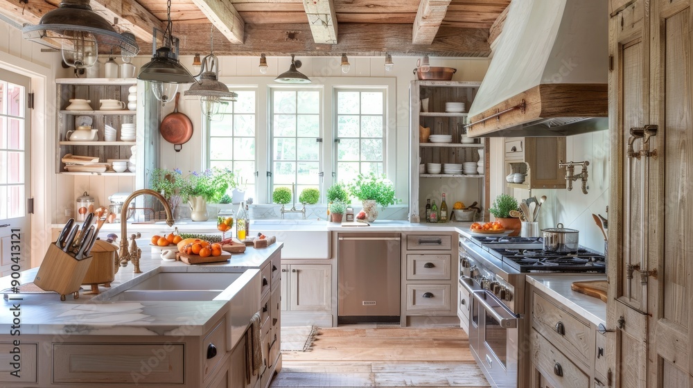 Farmhouse kitchens combine rustic charm with modern amenities. Exposed beams, apron-front sinks, and reclaimed wood create a cozy and inviting atmosphere Farmhouse kitchens combine rustic charm with modern amenities. Exposed beams, apron-front sinks, and reclaimed wood create a cozy and inviting atmosphere