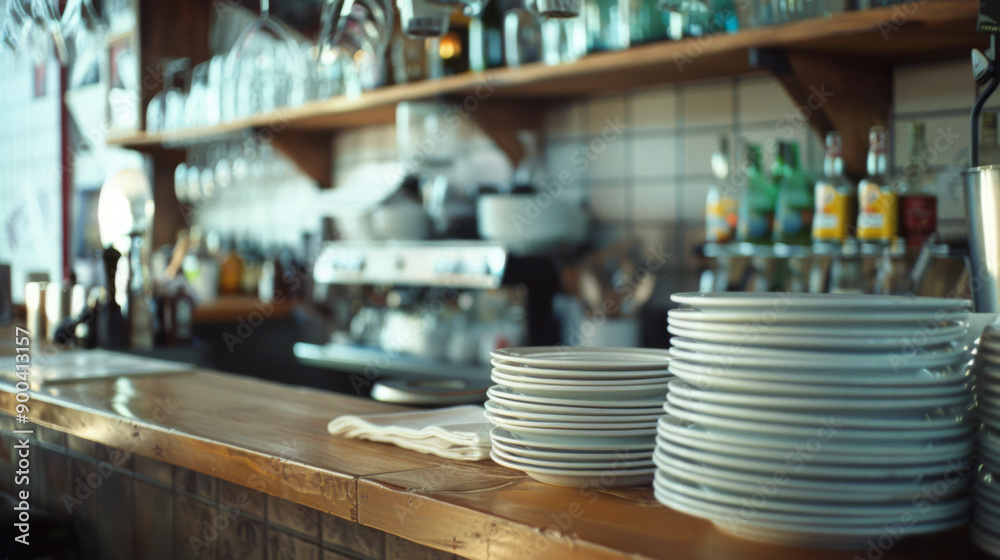 Busy cafe bar with stacked plates and assortment of beverages on shelves, exuding a lively and welcoming ambiance. Busy cafe bar with stacked plates and assortment of beverages on shelves, exuding a lively and welcoming ambiance.