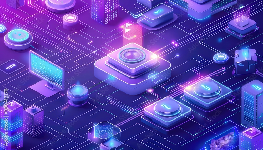 Vibrant digital cityscape showcasing technology elements with glowing circuits, creating a futuristic illusion. Vibrant digital cityscape showcasing technology elements with glowing circuits, creating a futuristic illusion.
