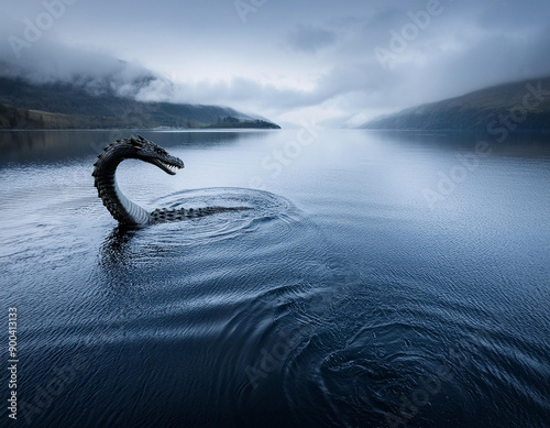 Cryptozoology Mystery Loch Ness Monster Nessie Sighting in Foggy Remote Lake