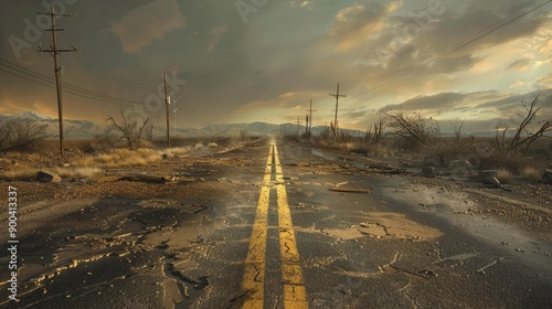 Imagine a road in a post-apocalyptic world. Describe the desolation, the remnants of civilization, and the challenges survivors face as they travel this road