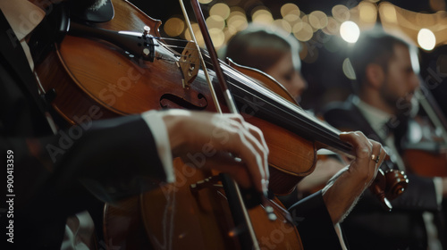 A close-up of violinists performing in a classical concert, with hands gracefully playing the strings under warm, soft lighting that enhances the artistic ambiance.