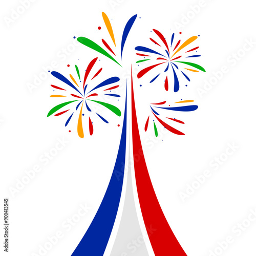 Colorful rainbow lines in form Eiffel Tower directed upwards with firework isolated