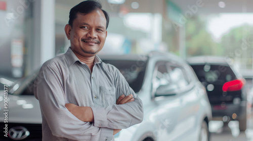 A confident man standing with arms crossed in front of a row of stylish cars in a dealership, smiling warmly at the camera.