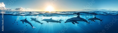 A group of dolphins swimming in the ocean