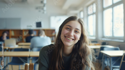 A cheerful student with long  wavy hair sits in a bright  spacious study room  smiling as she enjoys her academic environment.