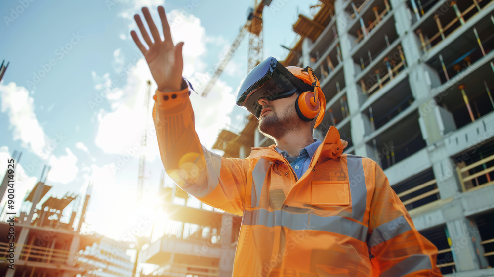 Naklejka premium A construction worker in a reflective orange jacket uses a virtual reality headset on a building site, representing modern technology and progress.