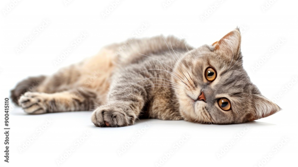 Fototapeta premium Gray tabby cat lying on a white background
