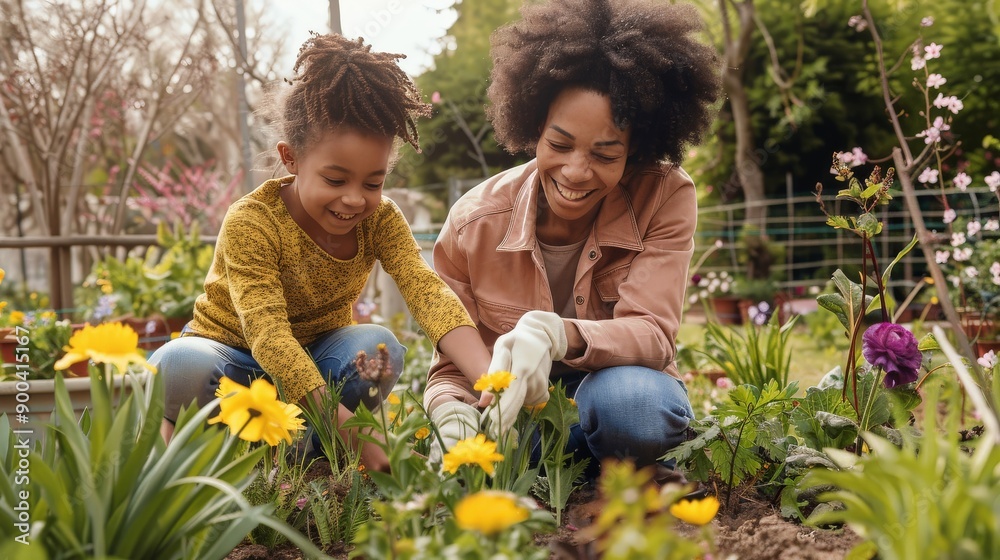Mother and daughter planting flowers in a garden to celebrate Mother's Day Mother and daughter planting flowers in a garden to celebrate Mother's Day