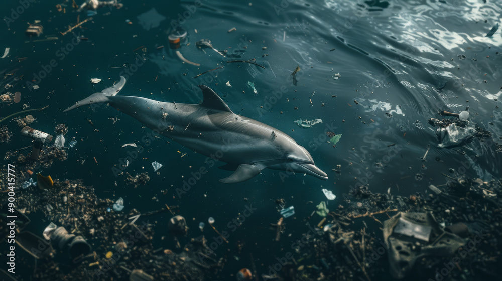 Fototapeta premium A lone dolphin swims amidst a sea of pollution and debris, illustrating the dire consequences of plastic waste in our oceans and its threat to marine life.
