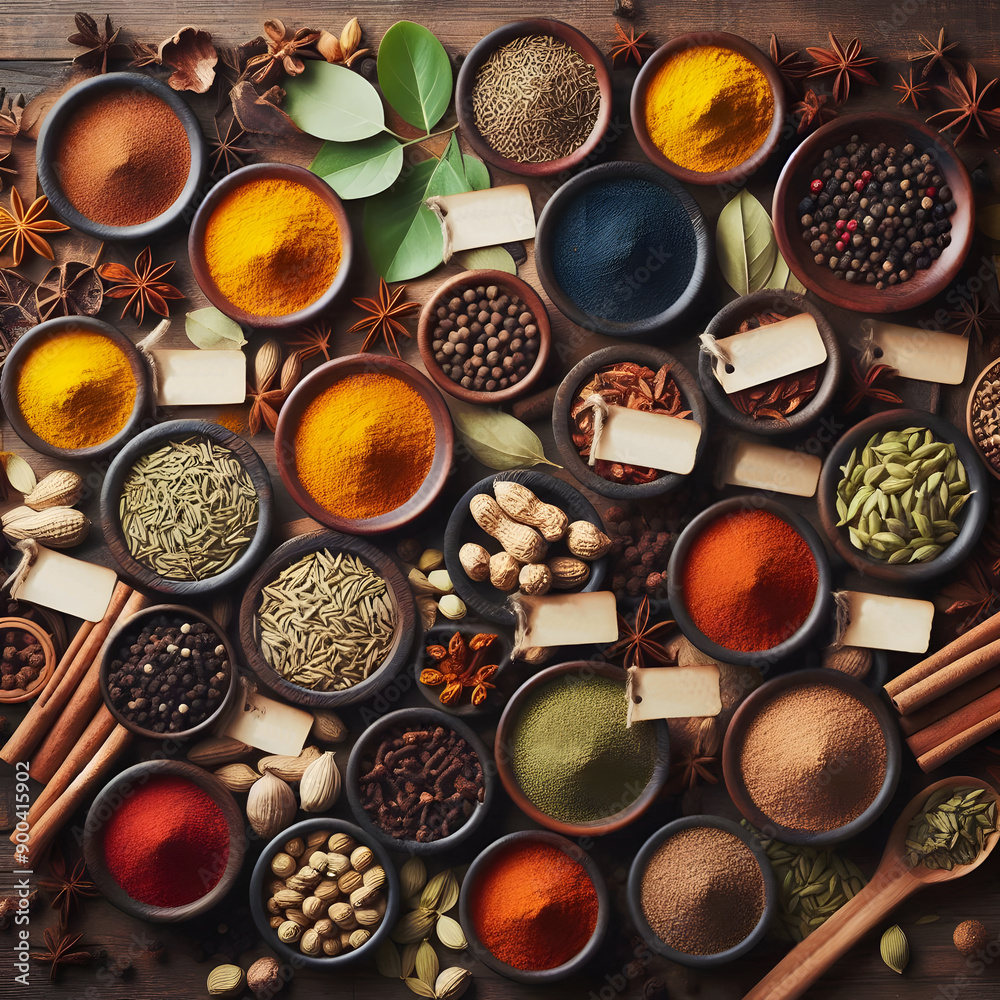 Various aromatic colorful spices in pot and herbs, Ingredients for cooking. Various aromatic colorful spices in pot and herbs, Ingredients for cooking.