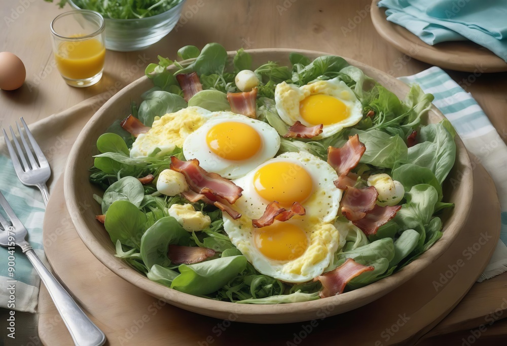 a salad with greens, bacon and eggs a salad with greens, bacon and eggs