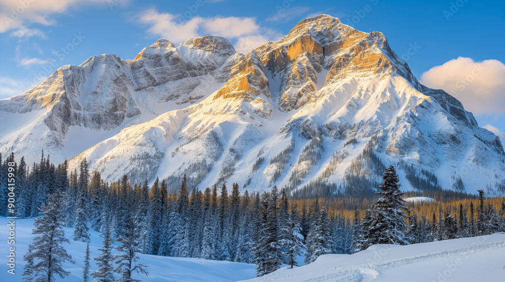 Majestic snow-capped mountains bathed in the golden light of sunrise, surrounded by a dense forest of evergreen trees Majestic snow-capped mountains bathed in the golden light of sunrise, surrounded by a dense forest of evergreen trees