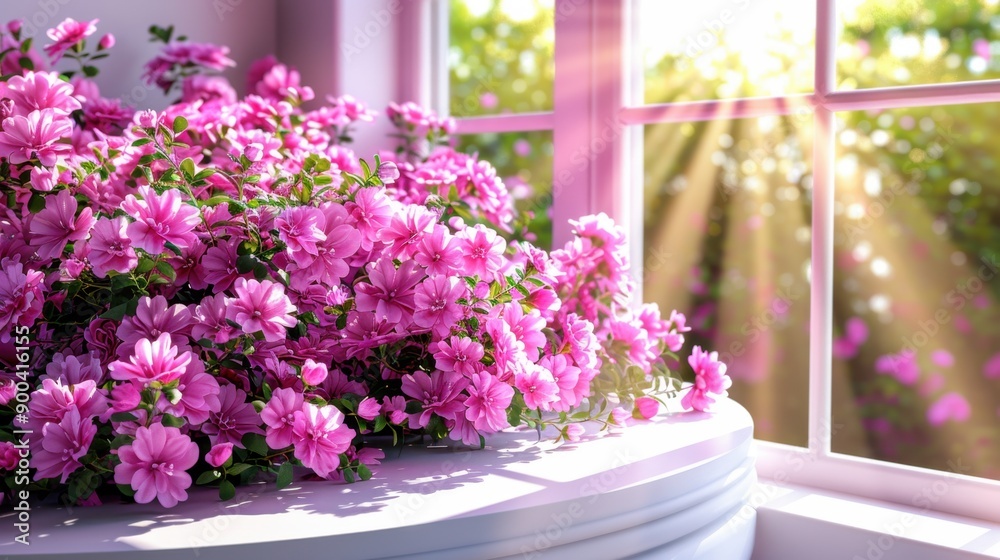 Beautiful pink flowers in a pot by a sunlit window, with sunlight filtering through, creating a serene and cozy atmosphere. Beautiful pink flowers in a pot by a sunlit window, with sunlight filtering through, creating a serene and cozy atmosphere.