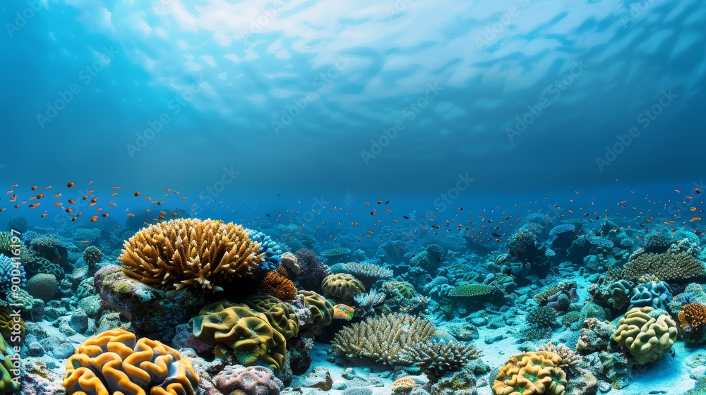 A beautiful blue ocean with a variety of colorful coral and fish A beautiful blue ocean with a variety of colorful coral and fish