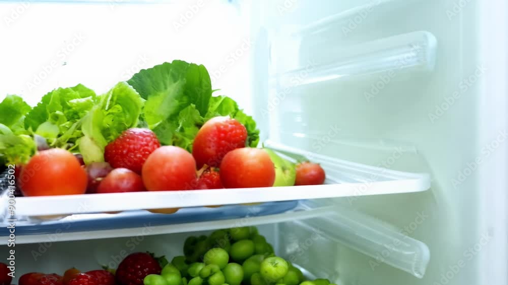 A refrigerator is full of fresh vegetables including lettuce, tomatoes, and cucumbers. The vegetables are arranged in a way that makes them look fresh and inviting. Concept of health and wellness A refrigerator is full of fresh vegetables including lettuce, tomatoes, and cucumbers. The vegetables are arranged in a way that makes them look fresh and inviting. Concept of health and wellness