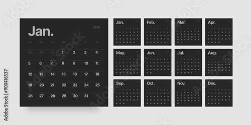 Monthly calendar template for 2025 year. Wall calendar in black and dark color. Week Starts on Sunday. 